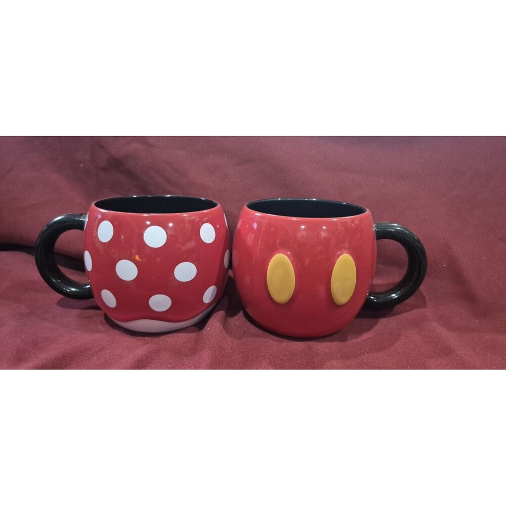 Disney Store Mickey & Minnie Mouse Coffee Mugs Round Polka Dot Matching Set New